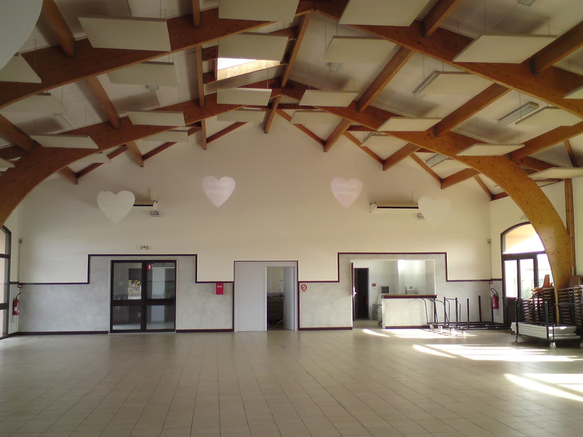 Panneaux acoustiques suspendus sous charpente bois, salle des fêtes